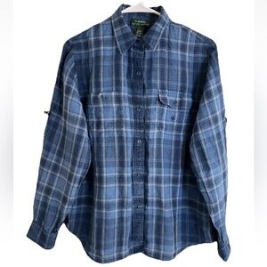 Lauren Ralph Lauren women's blue plaid 100% linen roll-tab button-down shirt